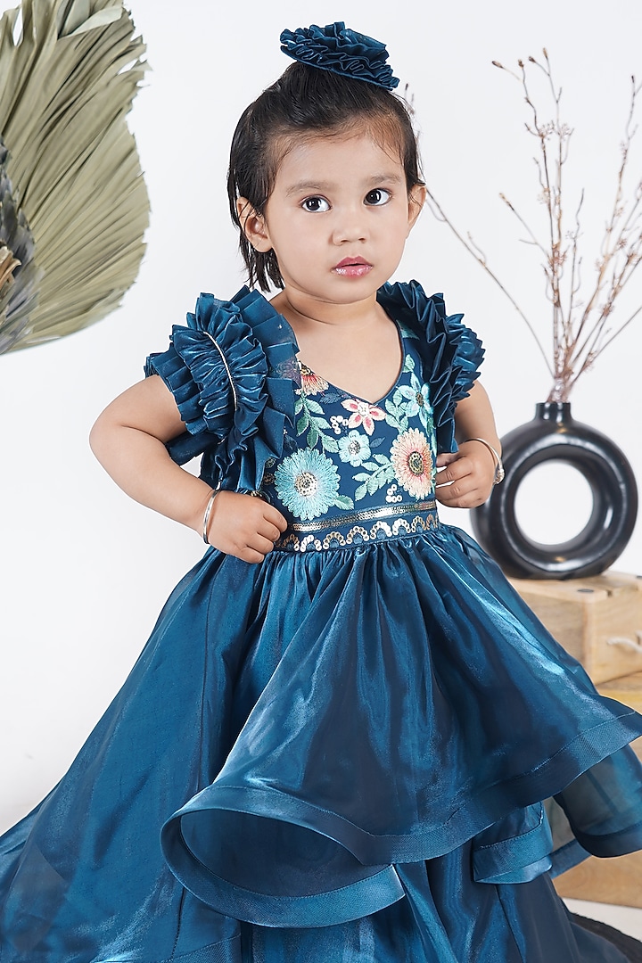 Petrol Blue Georgette Embroidered Dress For Girls by UNIQ RIYO CREATION at Pernia's Pop Up Shop