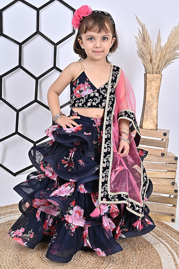 Navy Blue Georgette Embroidered Lehenga Set For Girls by UNIQ RIYO CREATION at Pernia's Pop Up Shop