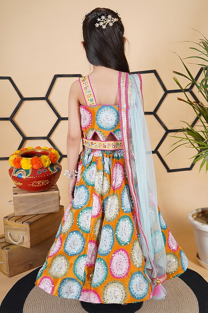 Mustard & Multi-Colored Georgette Embroidered Lehenga Set For Girls by UNIQ RIYO CREATION at Pernia's Pop Up Shop