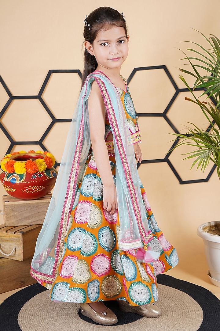 Mustard & Multi-Colored Georgette Embroidered Lehenga Set For Girls by UNIQ RIYO CREATION at Pernia's Pop Up Shop
