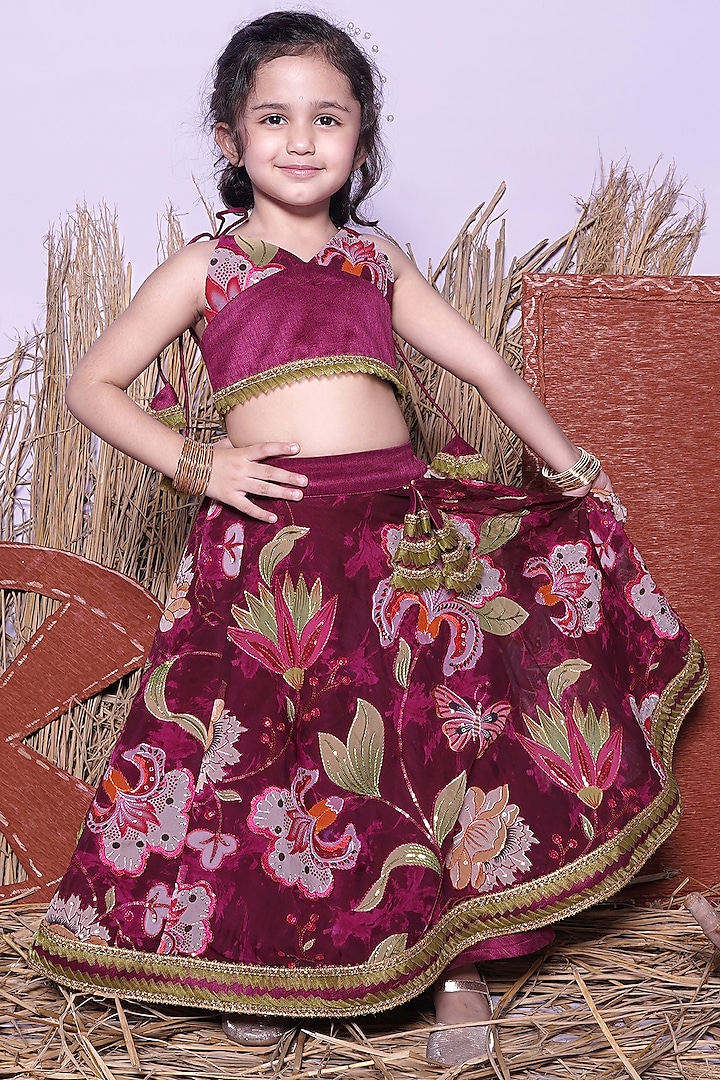 Wine Chinon & Dupion Printed Lehenga Set For Girls by UNIQ RIYO CREATION at Pernia's Pop Up Shop