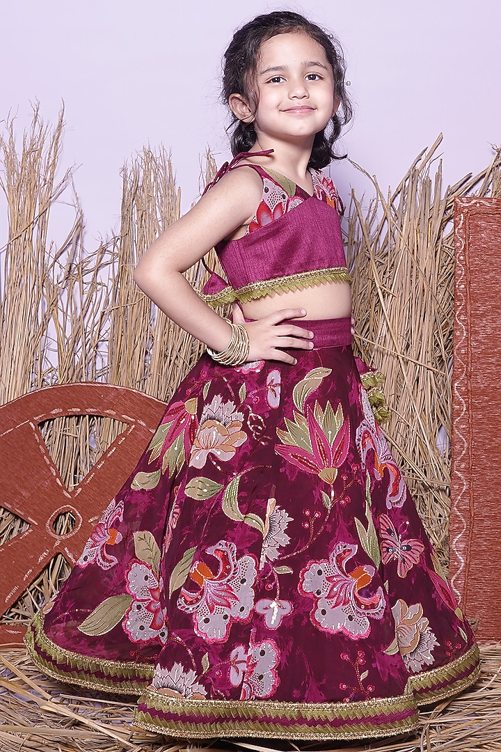 Wine Chinon & Dupion Printed Lehenga Set For Girls by UNIQ RIYO CREATION at Pernia's Pop Up Shop