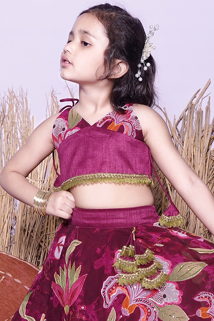 Wine Chinon & Dupion Printed Lehenga Set For Girls by UNIQ RIYO CREATION at Pernia's Pop Up Shop
