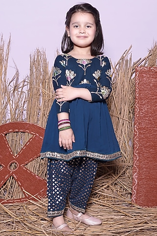 Petrol Blue Georgette Embroidered Kurta Set For Girls by UNIQ RIYO CREATION