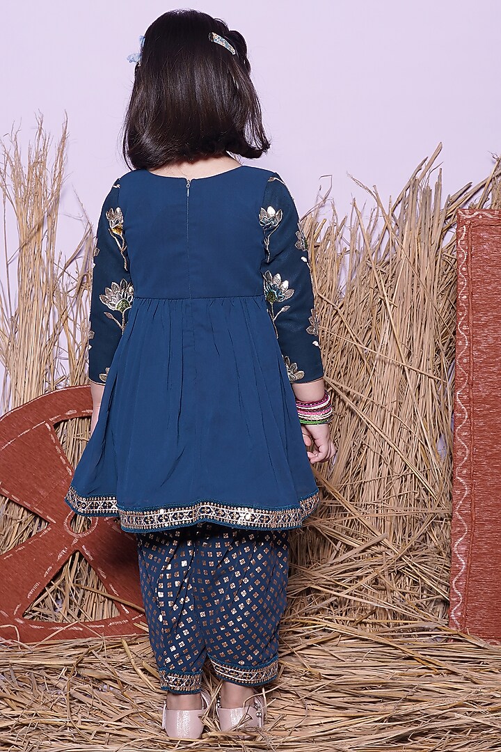 Petrol Blue Georgette Embroidered Kurta Set For Girls by UNIQ RIYO CREATION at Pernia's Pop Up Shop