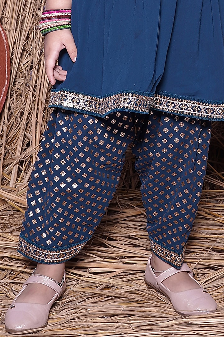 Petrol Blue Georgette Embroidered Kurta Set For Girls by UNIQ RIYO CREATION at Pernia's Pop Up Shop