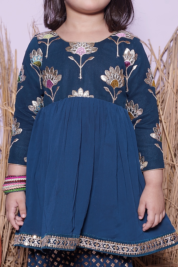 Petrol Blue Georgette Embroidered Kurta Set For Girls by UNIQ RIYO CREATION at Pernia's Pop Up Shop