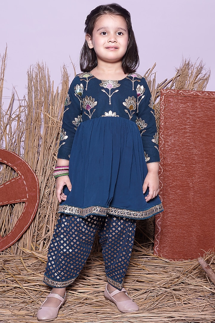 Petrol Blue Georgette Embroidered Kurta Set For Girls by UNIQ RIYO CREATION at Pernia's Pop Up Shop