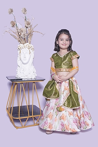 Green Organza & Brocade Printed Lehenga Set For Girls by UNIQ RIYO CREATION