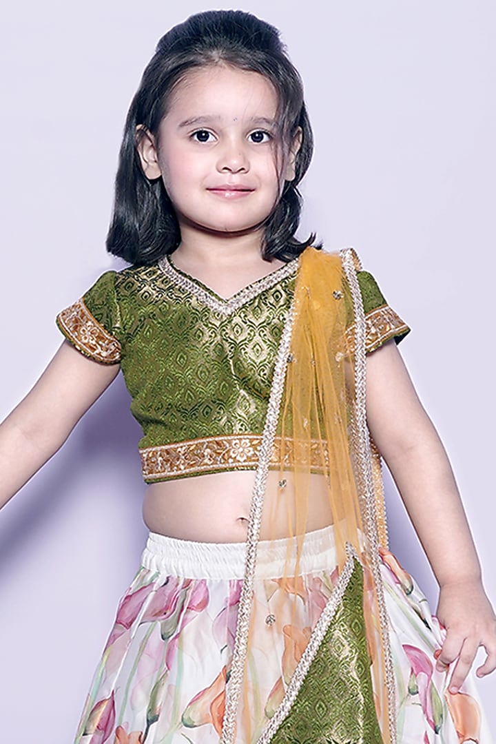 Green Organza & Brocade Printed Lehenga Set For Girls by UNIQ RIYO CREATION at Pernia's Pop Up Shop