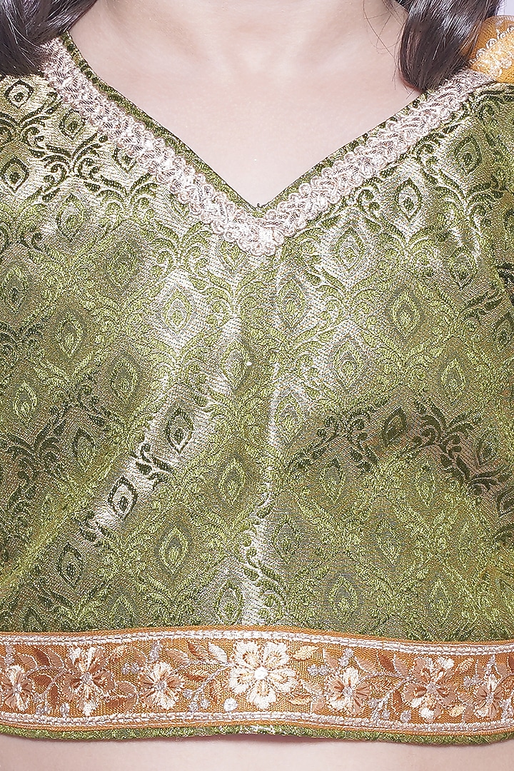 Green Organza & Brocade Printed Lehenga Set For Girls by UNIQ RIYO CREATION at Pernia's Pop Up Shop