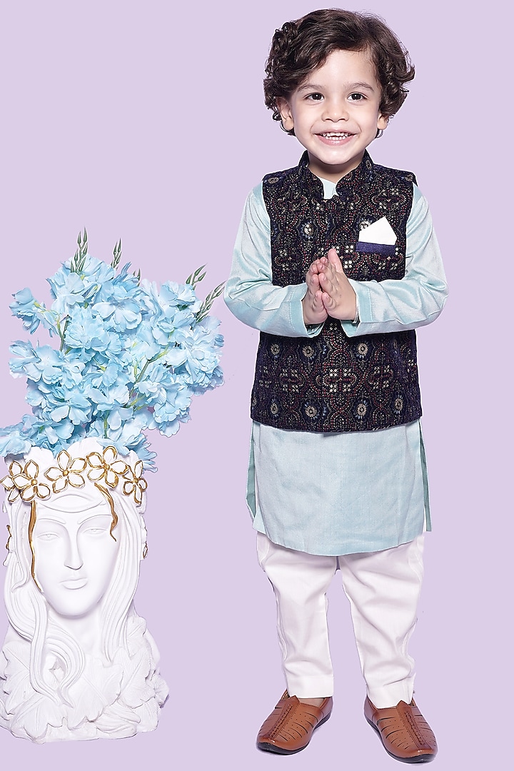 Blue Glace Cotton & Cotton Silk Nehru Jacket Set For Boys by UNIQ RIYO CREATION