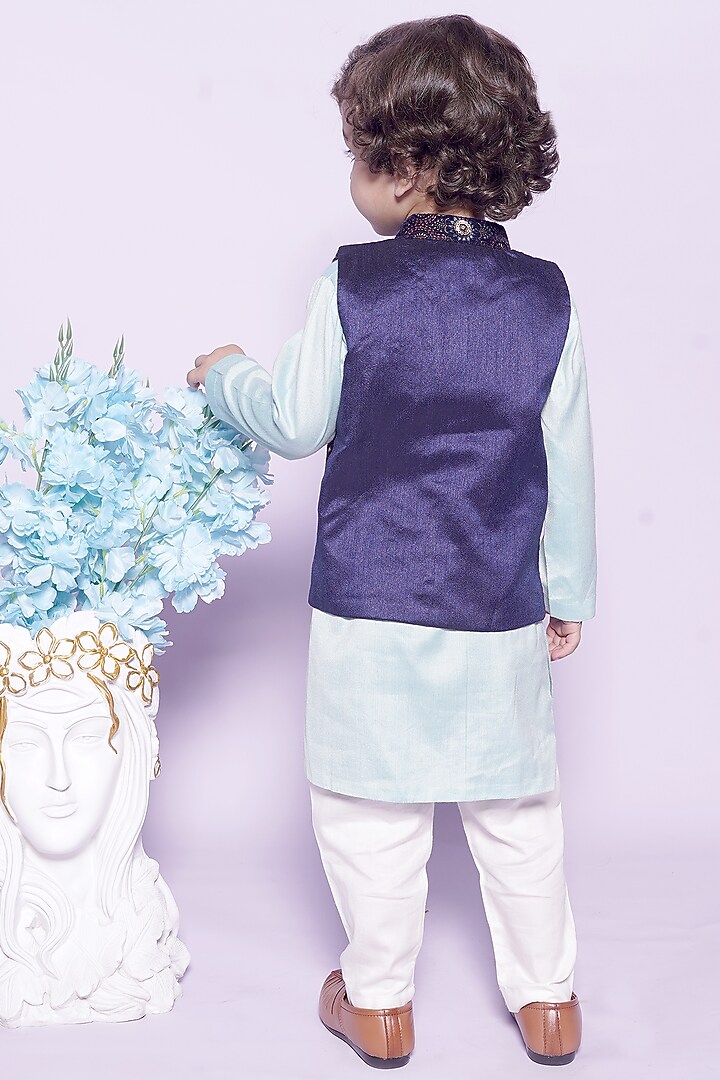 Blue Glace Cotton & Cotton Silk Nehru Jacket Set For Boys by UNIQ RIYO CREATION at Pernia's Pop Up Shop