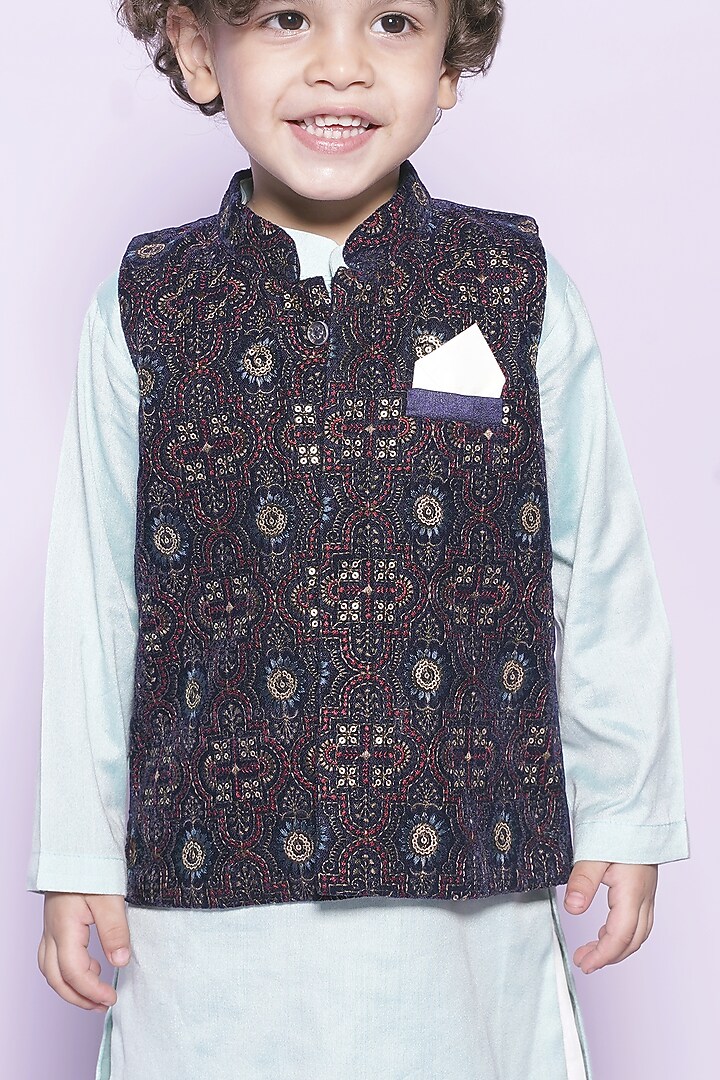 Blue Glace Cotton & Cotton Silk Nehru Jacket Set For Boys by UNIQ RIYO CREATION at Pernia's Pop Up Shop