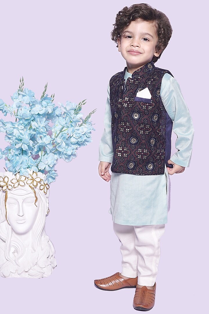 Blue Glace Cotton & Cotton Silk Nehru Jacket Set For Boys by UNIQ RIYO CREATION at Pernia's Pop Up Shop