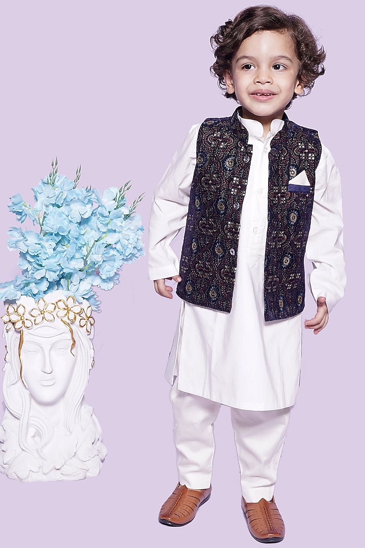 Blue Glace Cotton & Dupion Nehru Jacket Set For Boys by UNIQ RIYO CREATION