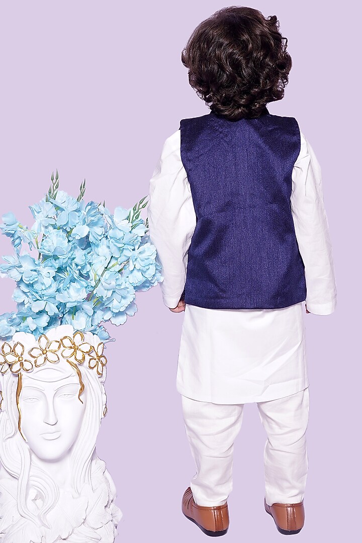 Blue Glace Cotton & Dupion Nehru Jacket Set For Boys by UNIQ RIYO CREATION at Pernia's Pop Up Shop