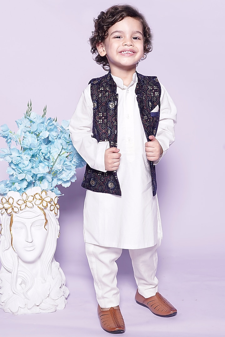 Blue Glace Cotton & Dupion Nehru Jacket Set For Boys by UNIQ RIYO CREATION at Pernia's Pop Up Shop