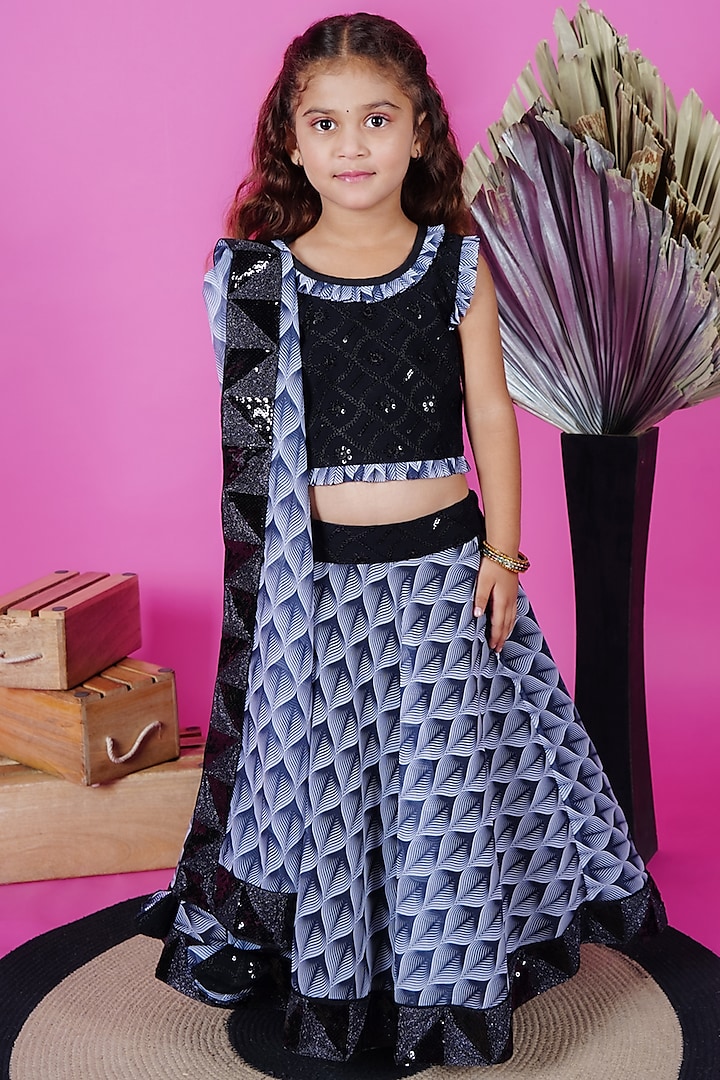 Black & White Georgette Printed Lehenga Set For Girls by UNIQ RIYO CREATION