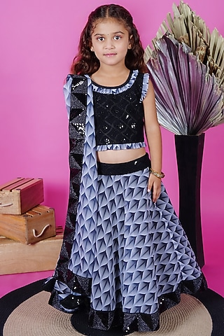 Black & White Georgette Printed Lehenga Set For Girls by UNIQ RIYO CREATION