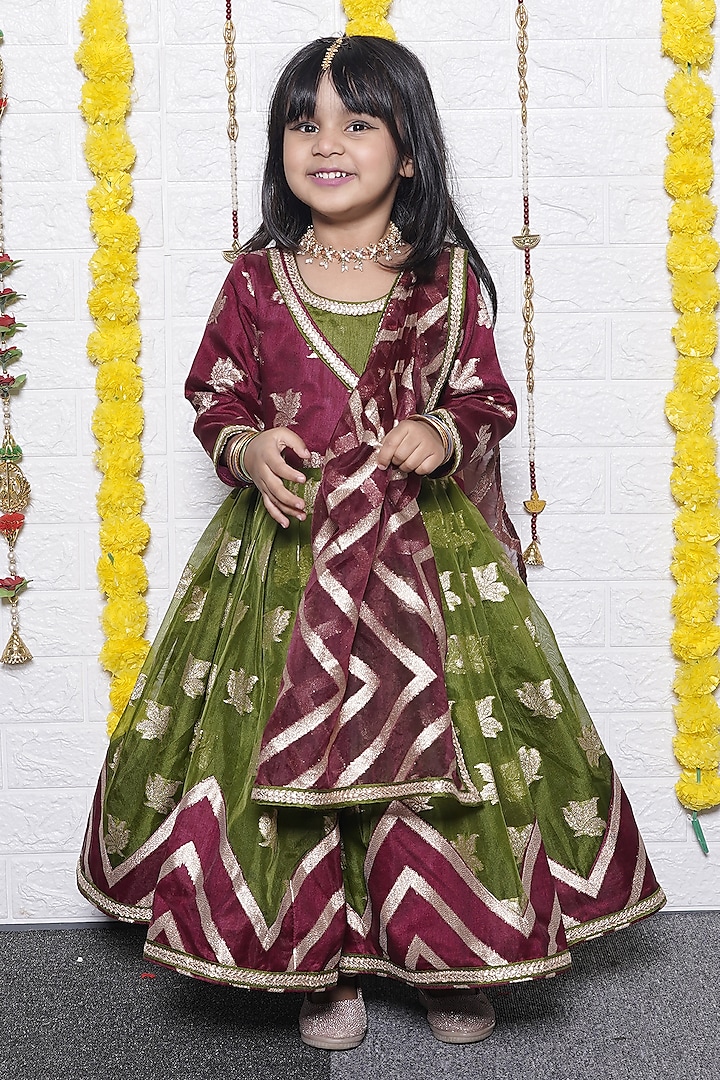 Multi-Colored Chanderi Lace Work Anarkali Set For Girls by UNIQ RIYO CREATION at Pernia's Pop Up Shop