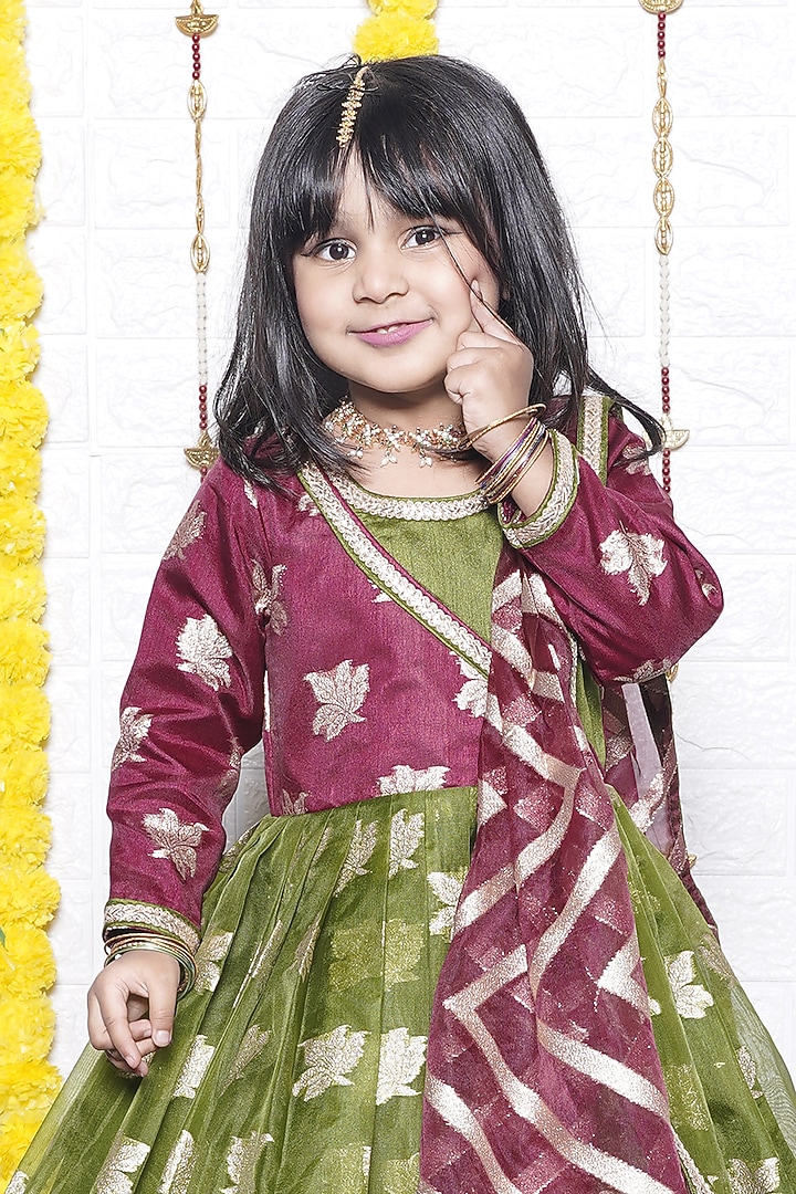 Multi-Colored Chanderi Lace Work Anarkali Set For Girls by UNIQ RIYO CREATION at Pernia's Pop Up Shop