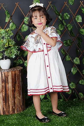 White Cotton Printed Dress For Girls by UNIQ RIYO CREATION