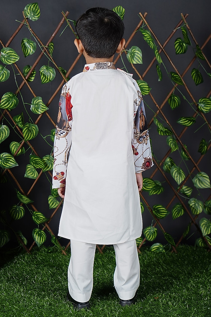 White Cotton Lion Printed Kurta Set For Boys by UNIQ RIYO CREATION at Pernia's Pop Up Shop