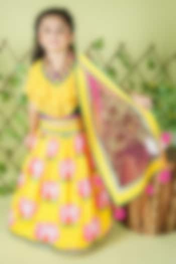 Yellow Georgette & Cotton Lotus Printed Lehenga Set For Girls by UNIQ RIYO CREATION at Pernia's Pop Up Shop