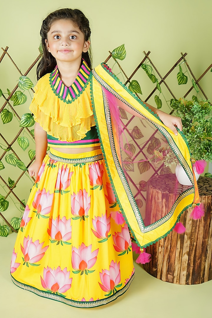 Yellow Georgette & Cotton Lotus Printed Lehenga Set For Girls by UNIQ RIYO CREATION at Pernia's Pop Up Shop