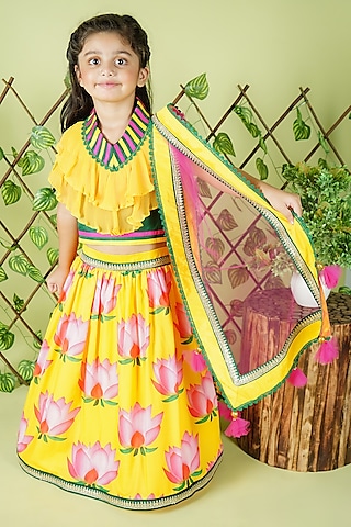 Yellow Georgette & Cotton Lotus Printed Lehenga Set For Girls by UNIQ RIYO CREATION
