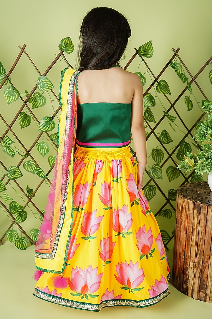 Yellow Georgette & Cotton Lotus Printed Lehenga Set For Girls by UNIQ RIYO CREATION at Pernia's Pop Up Shop