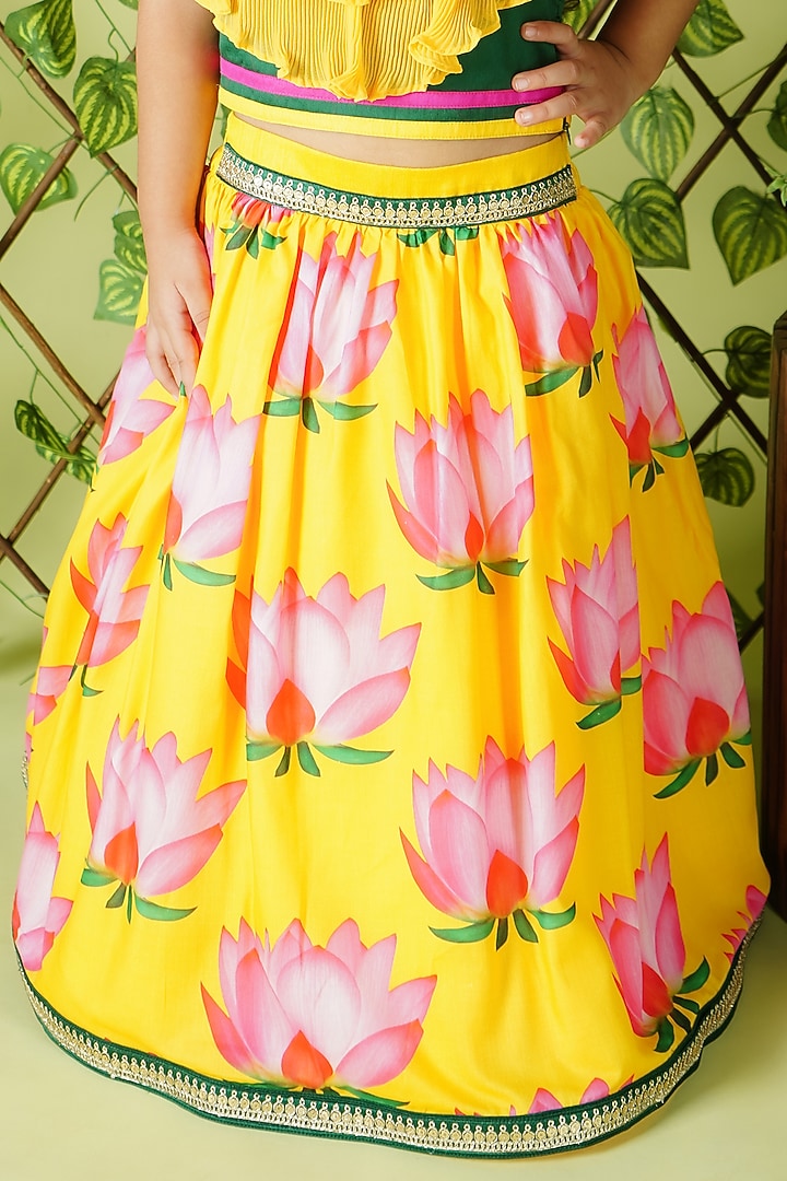 Yellow Georgette & Cotton Lotus Printed Lehenga Set For Girls by UNIQ RIYO CREATION at Pernia's Pop Up Shop