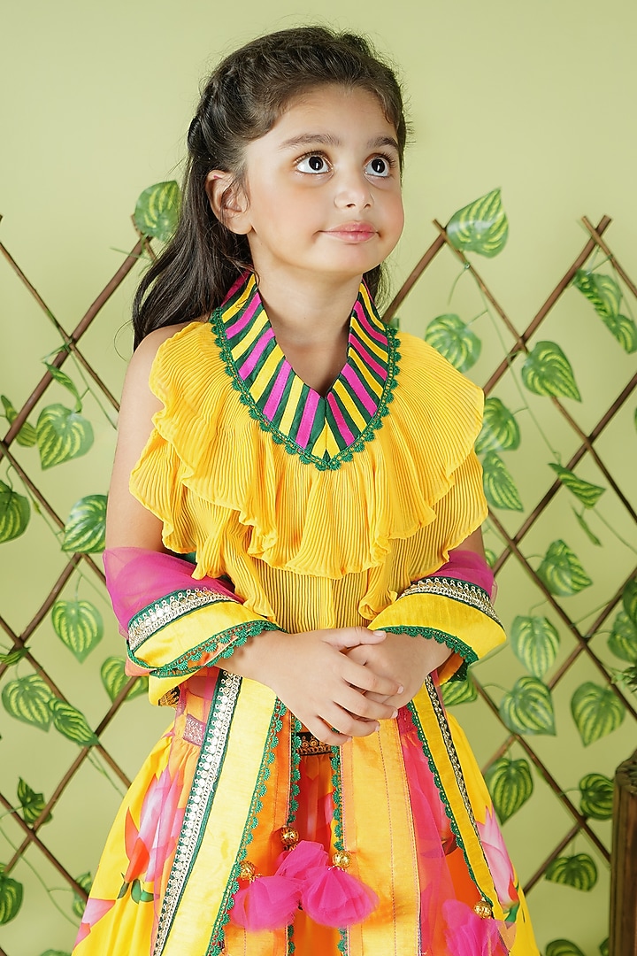 Yellow Georgette & Cotton Lotus Printed Lehenga Set For Girls by UNIQ RIYO CREATION at Pernia's Pop Up Shop