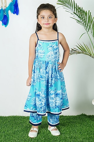 Blue Cotton Printed Kurta Set For Girls by UNIQ RIYO CREATION