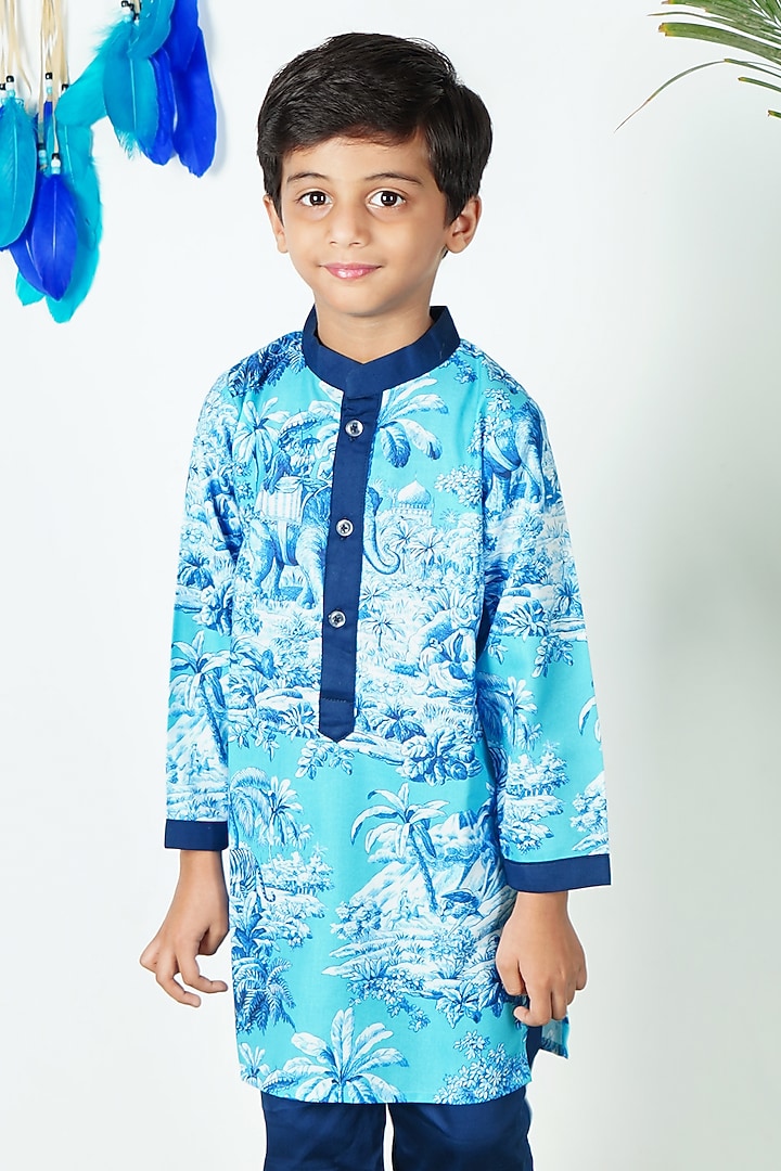 Blue Cotton Printed Kurta Set For Boys by UNIQ RIYO CREATION at Pernia's Pop Up Shop