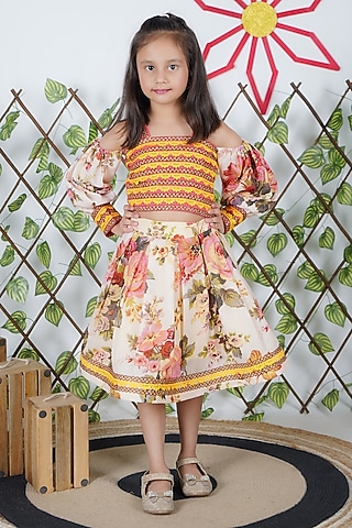 Beige Cotton & Lycra Printed Skirt Set For Girls by UNIQ RIYO CREATION