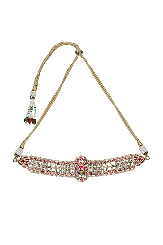 Gold Finish Navratan Choker Necklace by Unniyarcha