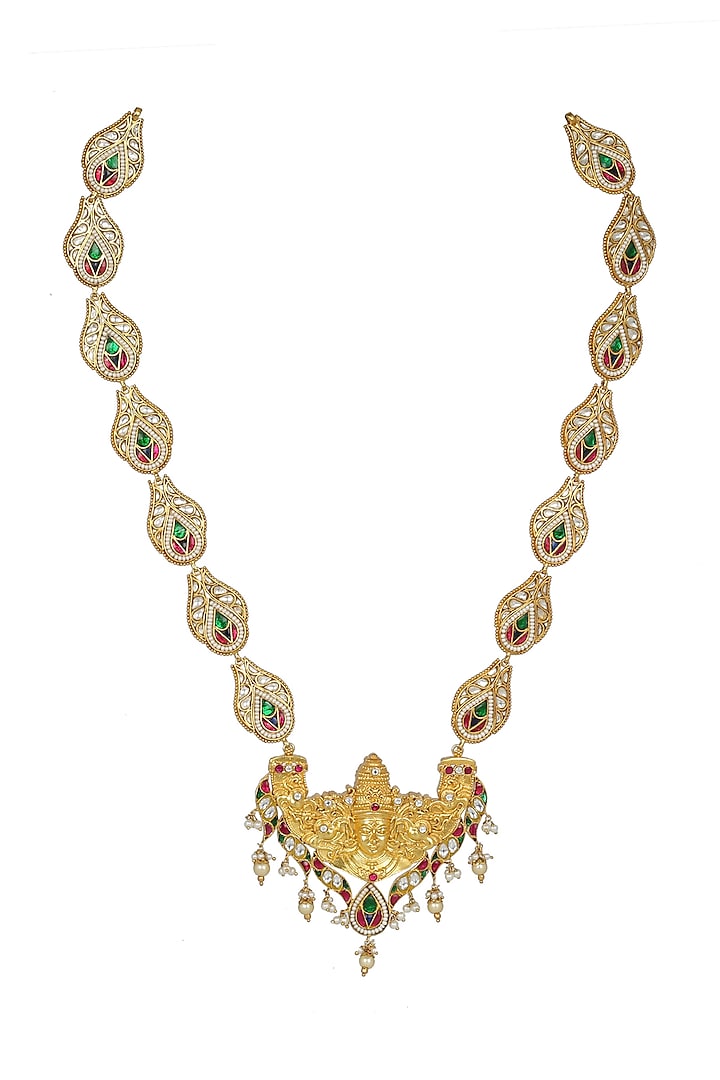 Gold Finish Kundan Temple Necklace by Unniyarcha