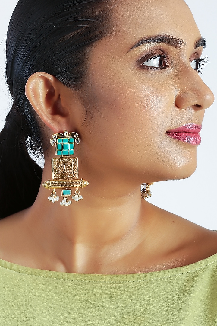 Gold Finish Kundan Dangler Earrings by Unniyarcha at Pernia's Pop Up Shop