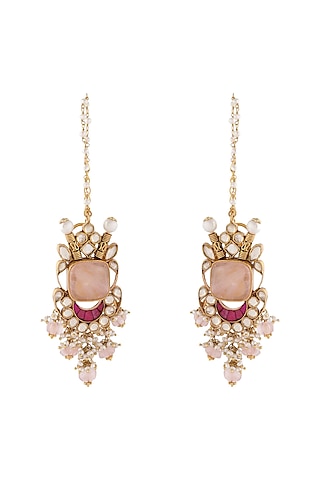 Gold Finish Rose Quartz Earrings by Unniyarcha