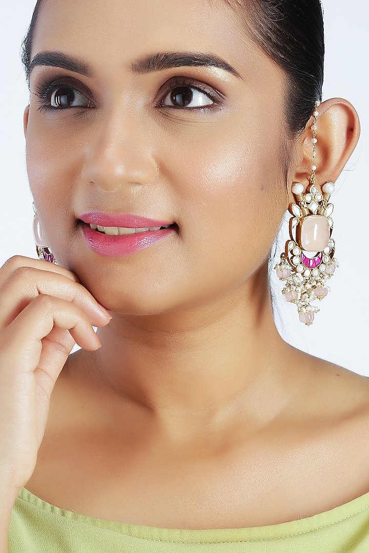 Gold Finish Rose Quartz Earrings by Unniyarcha at Pernia's Pop Up Shop