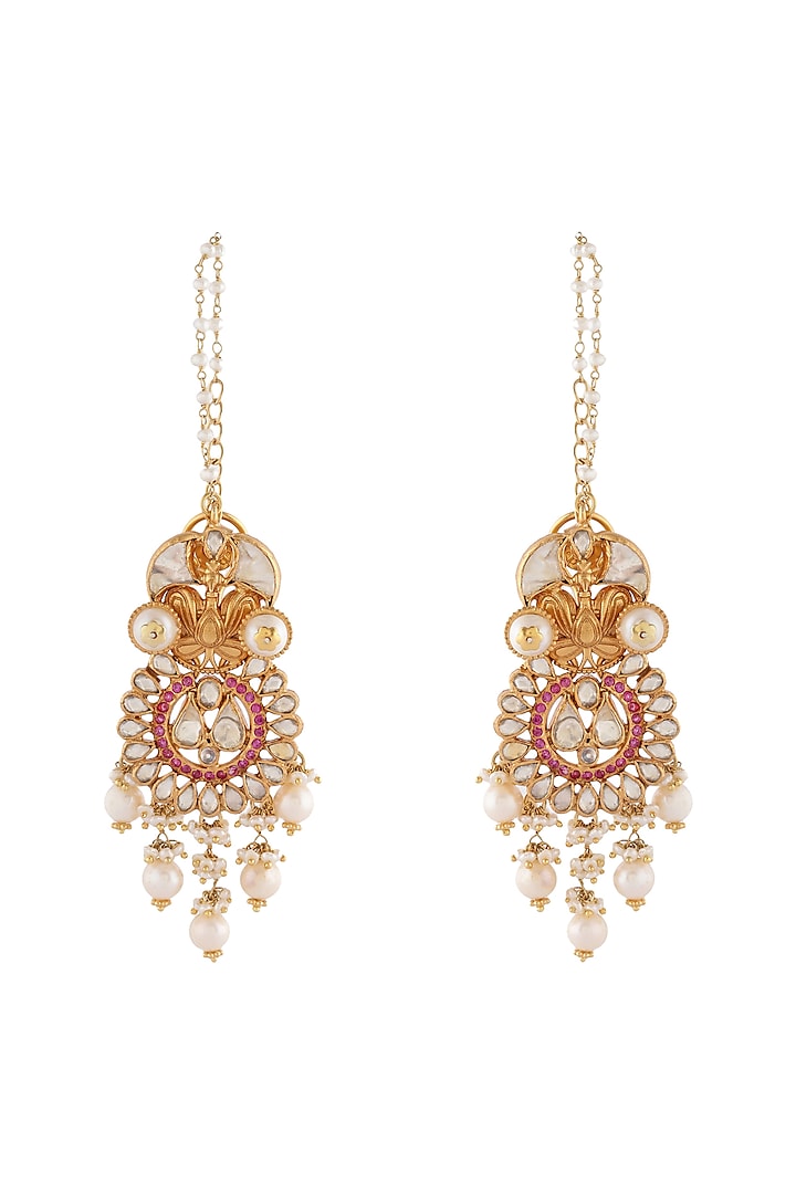 Gold Finish Kundan & Pearls Earrings by Unniyarcha