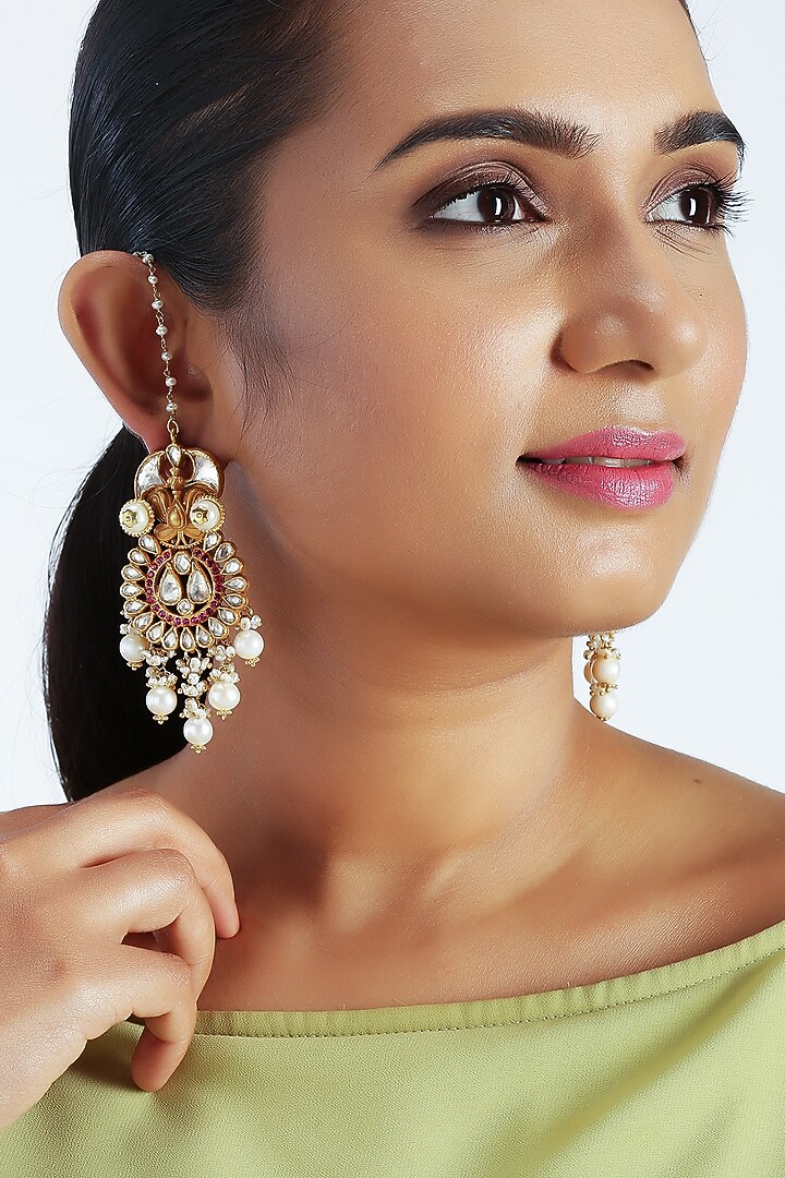 Gold Finish Kundan & Pearls Earrings by Unniyarcha at Pernia's Pop Up Shop