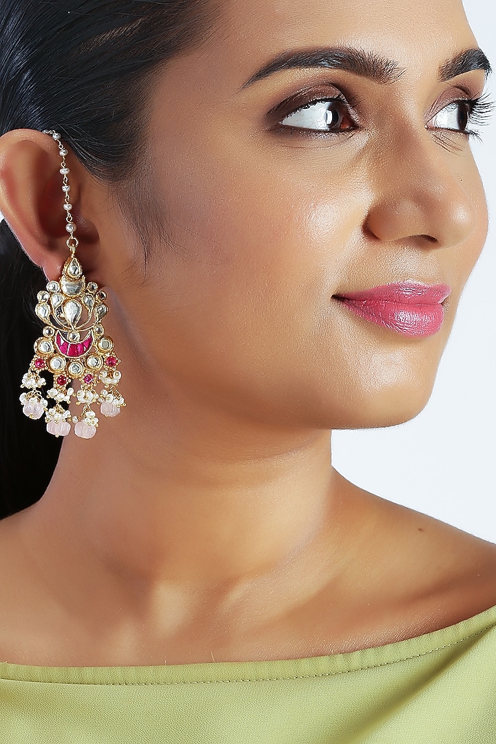 Gold Finish Rose Quartz & Kundan Earrings by Unniyarcha at Pernia's Pop Up Shop