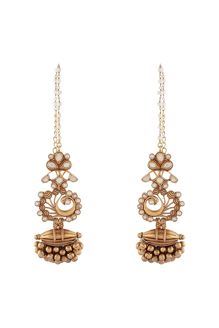 Gold Finish Pearls Peacock Earrings by Unniyarcha