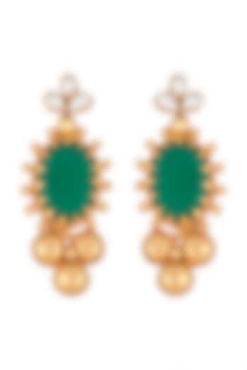 Antique Gold Finish Green Onyx Stone & Pearl Earrings by Unniyarcha