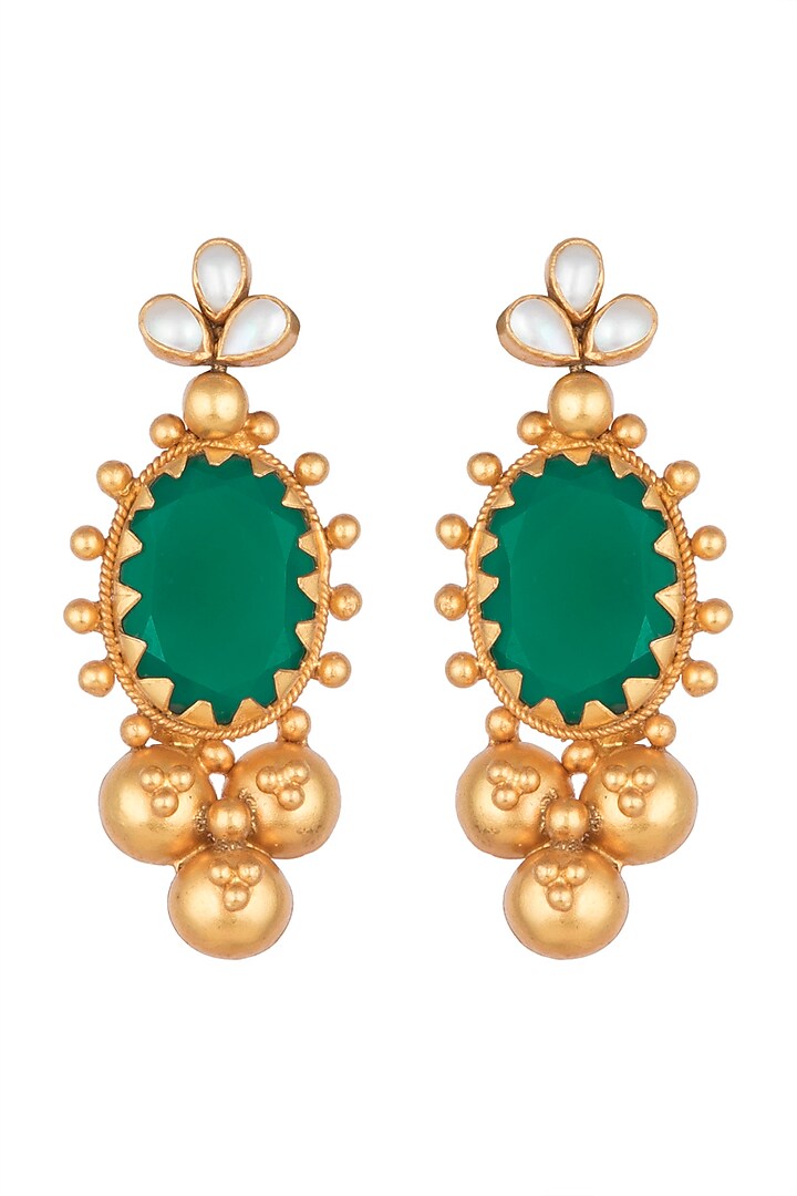 Antique Gold Finish Green Onyx Stone & Pearl Earrings by Unniyarcha