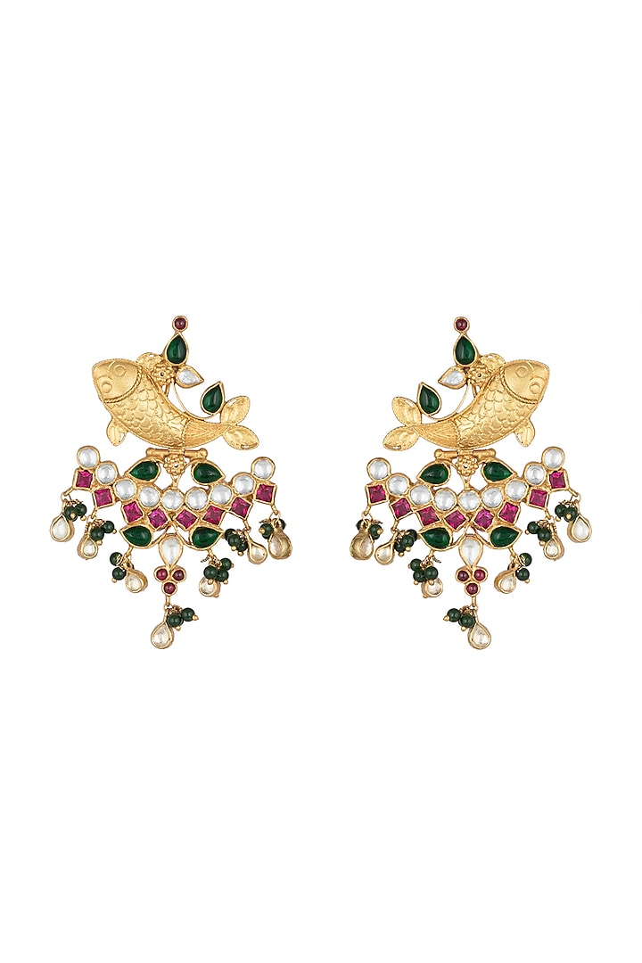 Gold Finish Kundan & Pearl Fish Earrings by Unniyarcha