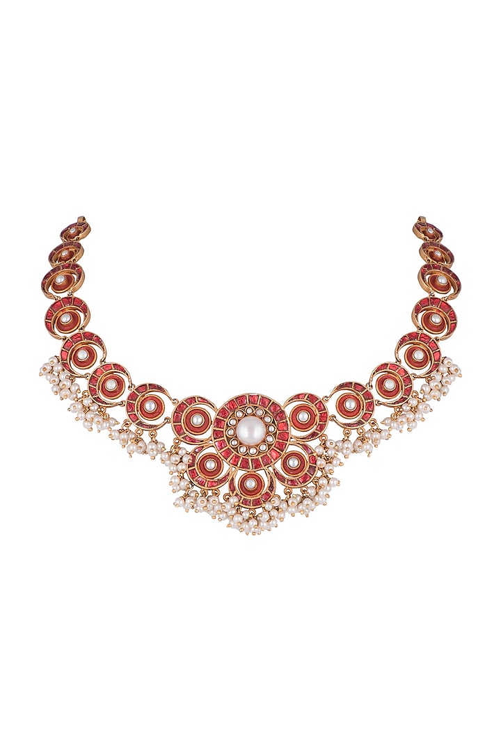 Antique Gold Finish Kundan & Pearl Red Moon Necklace by Unniyarcha